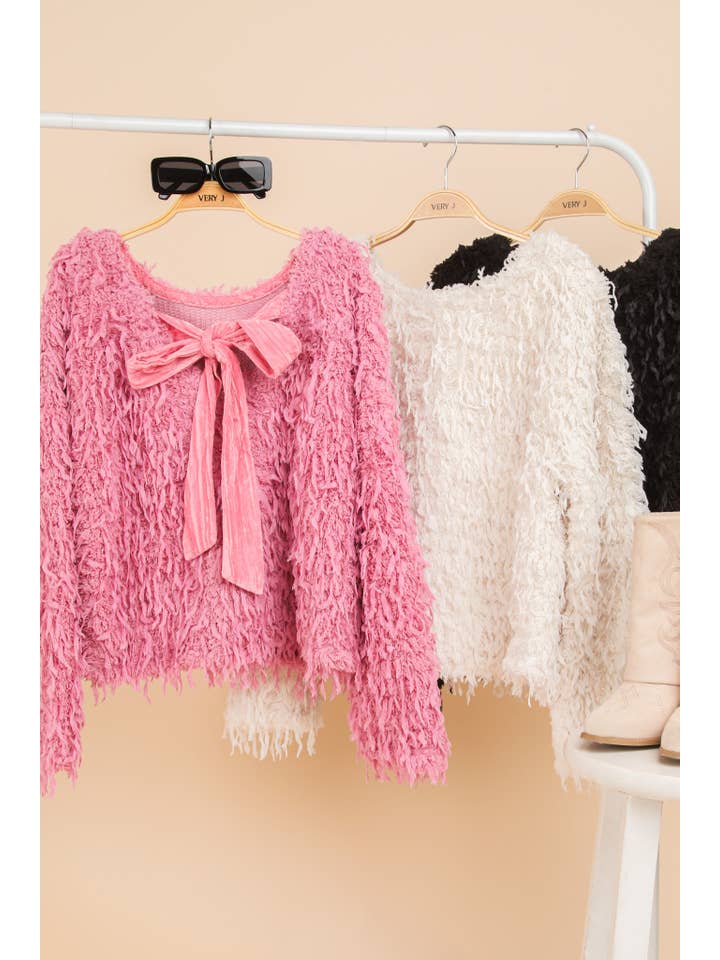 VERY J - Wholesale Knit Top - Women's - NT11714-Holiday Fur Knit Top with Back Velvet Ribbon