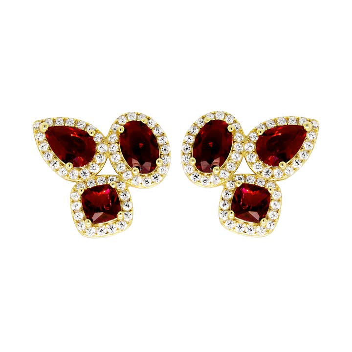 Gold Plated Sterling Silver Ruby And White CZ Post Earrings for wholesale by Dlux Jewels