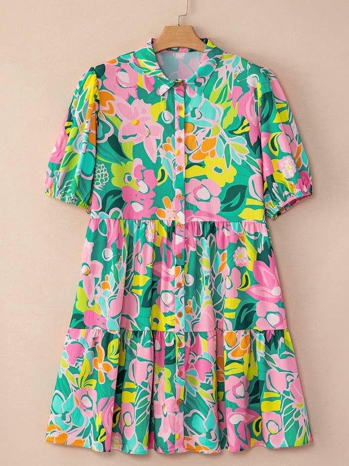 Lovesoft - Wholesale Dress - Women's - Floral Puff Sleeve Collar Buttoned Babydoll Dress6