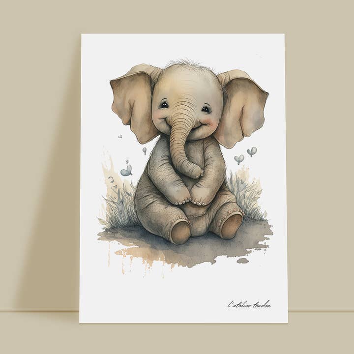 Wanddecoratie voor babykamer met olifant - realistisch aquarel dierenthema voor wholesale door L'atelier Toudou