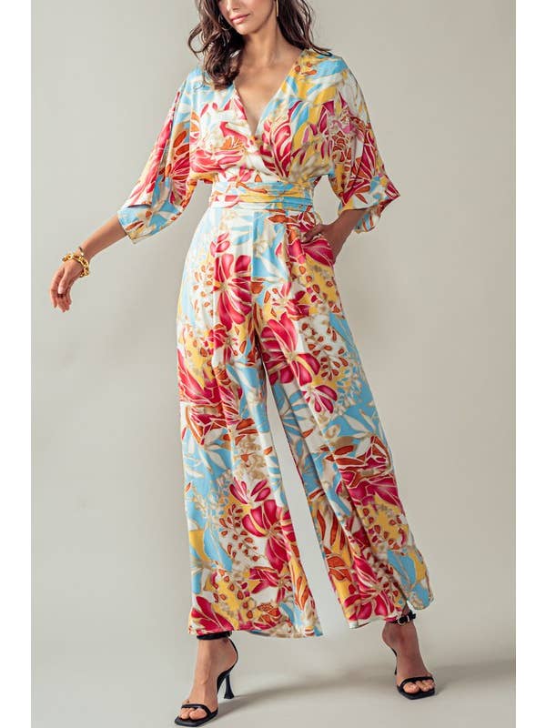 Urban Daizy - Wholesale Jumpsuit - Women's - Tropical Wrap Wide Leg Floral Jumpsuit
