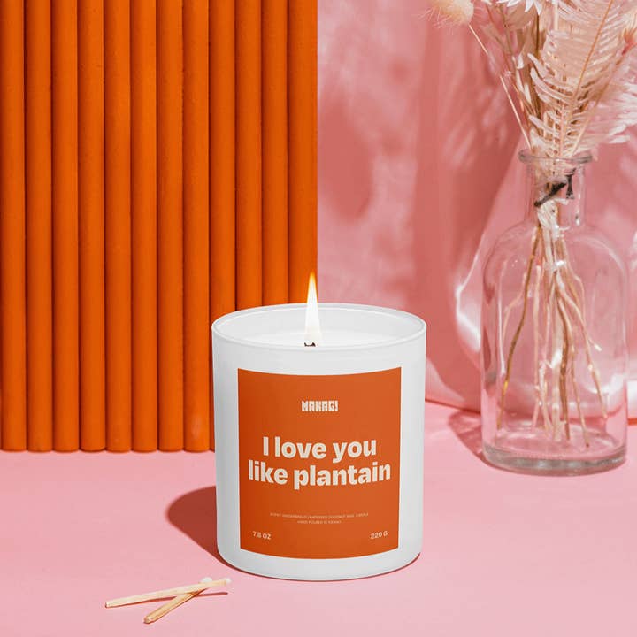 Kaars met spreuk Ik hou van je zoals van bakbanaan voor wholesale door Makagi