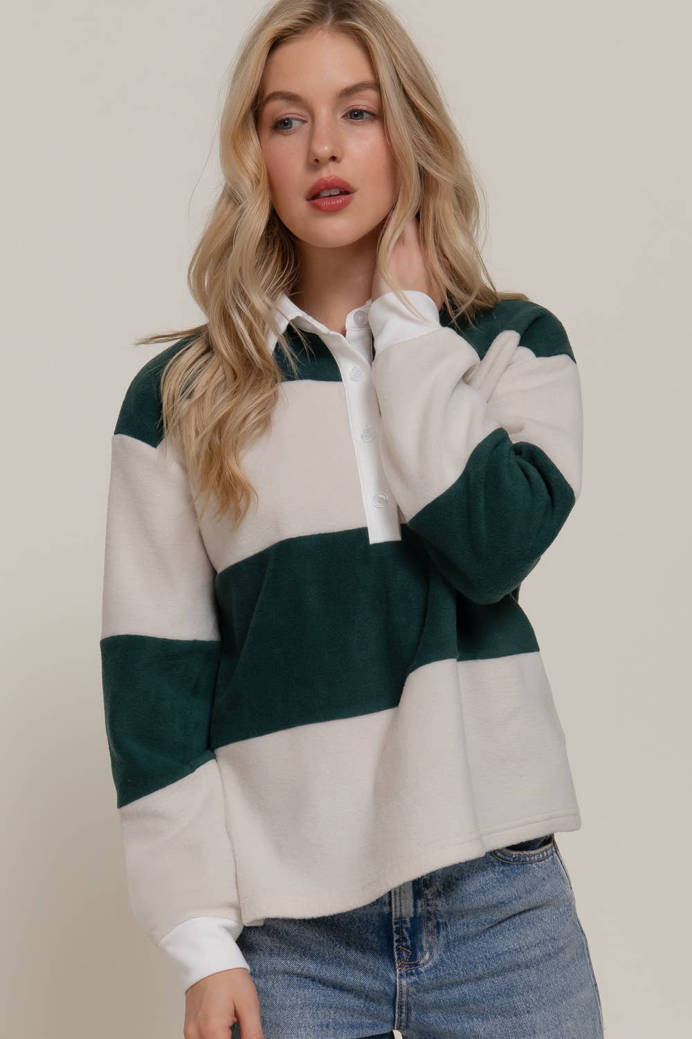 Active Basic | Active USA - Wholesale Jurk - Dames - Lange Mouwen Rugby Streep Fleece Polo Top14