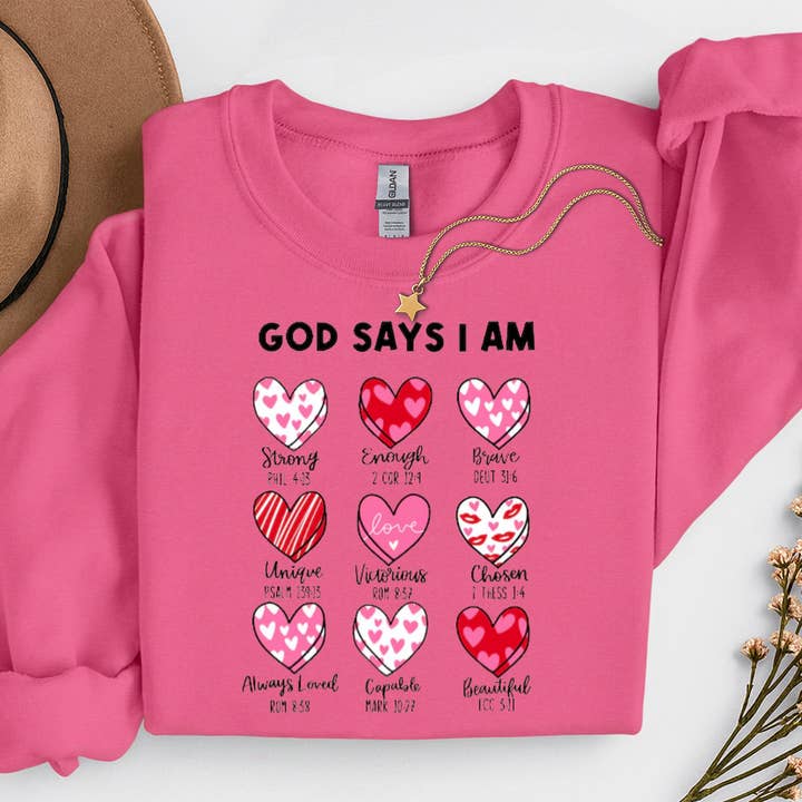 God Says I am Valentines Graphic Sweater for wholesale by Sam & Seb Co.