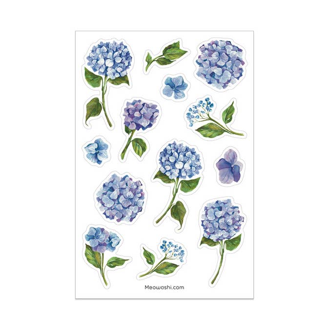 Blaues Washi-Aufkleberblatt mit Hortensienmotiv für den Großhandel von Meowashi Studio