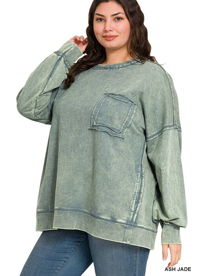 42POPS - Wholesale Sweatshirt - Women's - ', Plus French Terry Acid Wash Raw Edge Front Pocket1