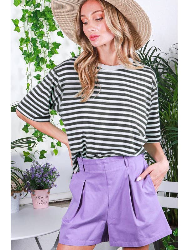 Vine & Love - Wholesale Knit Top - Women's - Crew Neck Short Sleeve Striped Knit T-Shirt Top VT81762