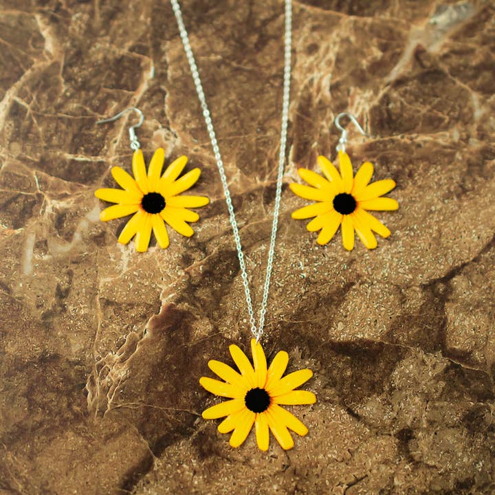 Black Eyed Susan Blossom Flower Earrings & Necklace for wholesale by For the Love of Foliage