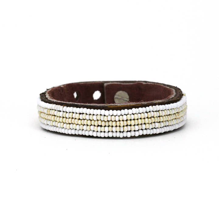 Small Pearl and White Stripe Leather Cuff for wholesale by Swahili Coast
