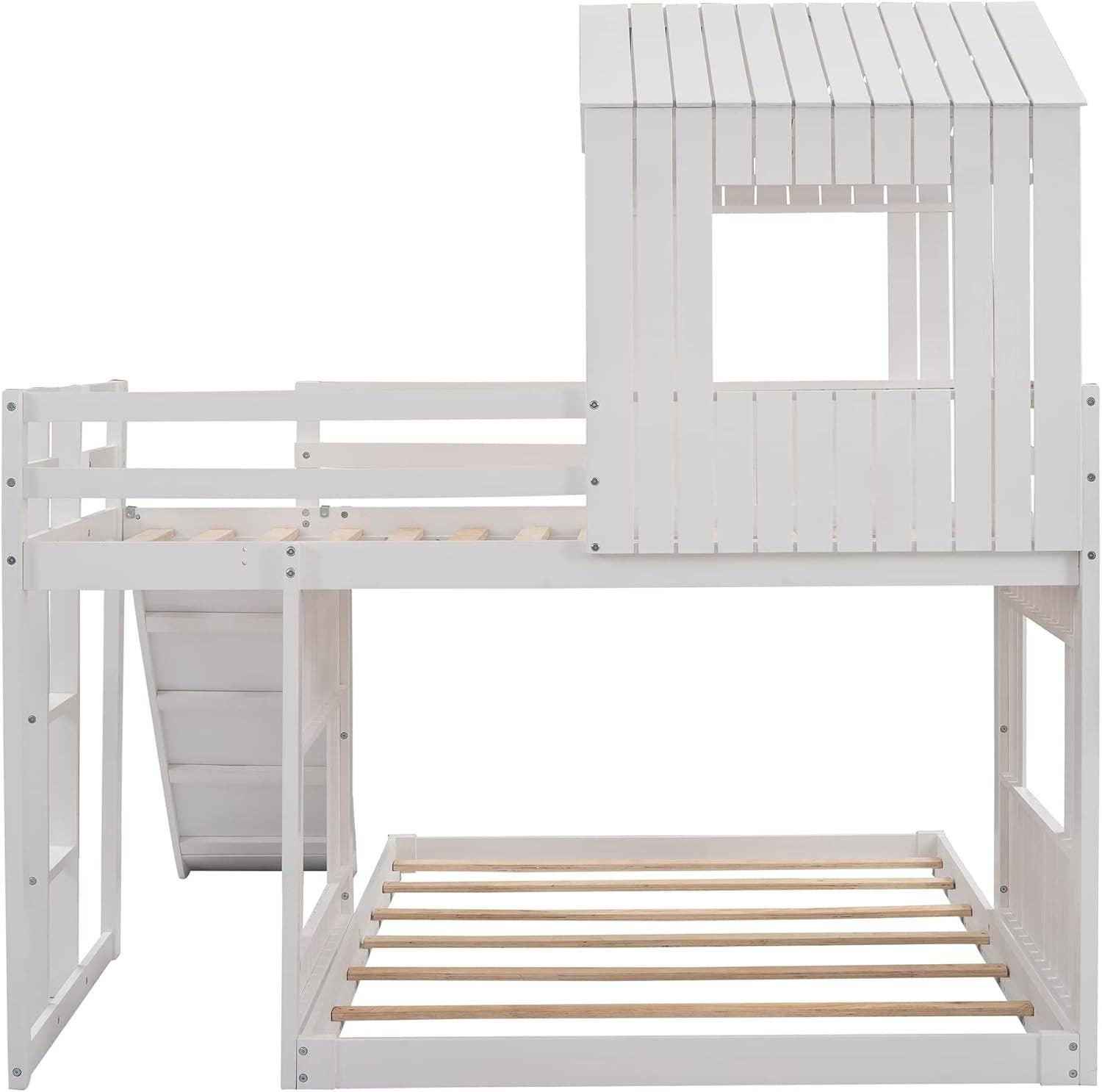 Twin Over Full Bunk Bed With Slide With Guardrails White for wholesale on Faire4