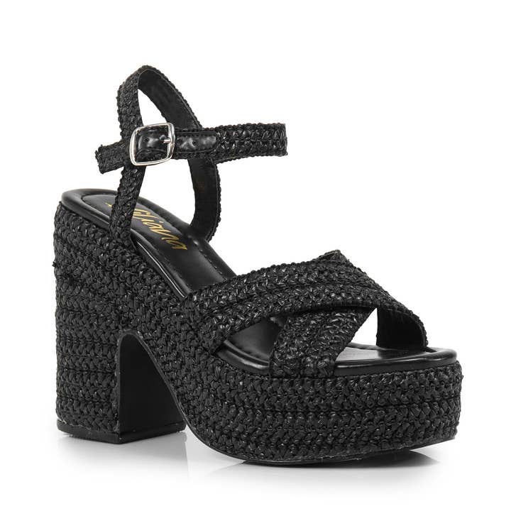 DANDY-1 RAFFIA CROSS STRAP PLATFORM ANKLE STRAP W/ CHUNKY HEEL BLACK for wholesale by Liliana Shoes