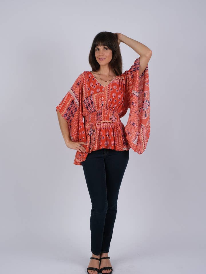Red Wanderlust Blockprint Hippie Top with Flared Sleeves for wholesale by Sacred Threads
