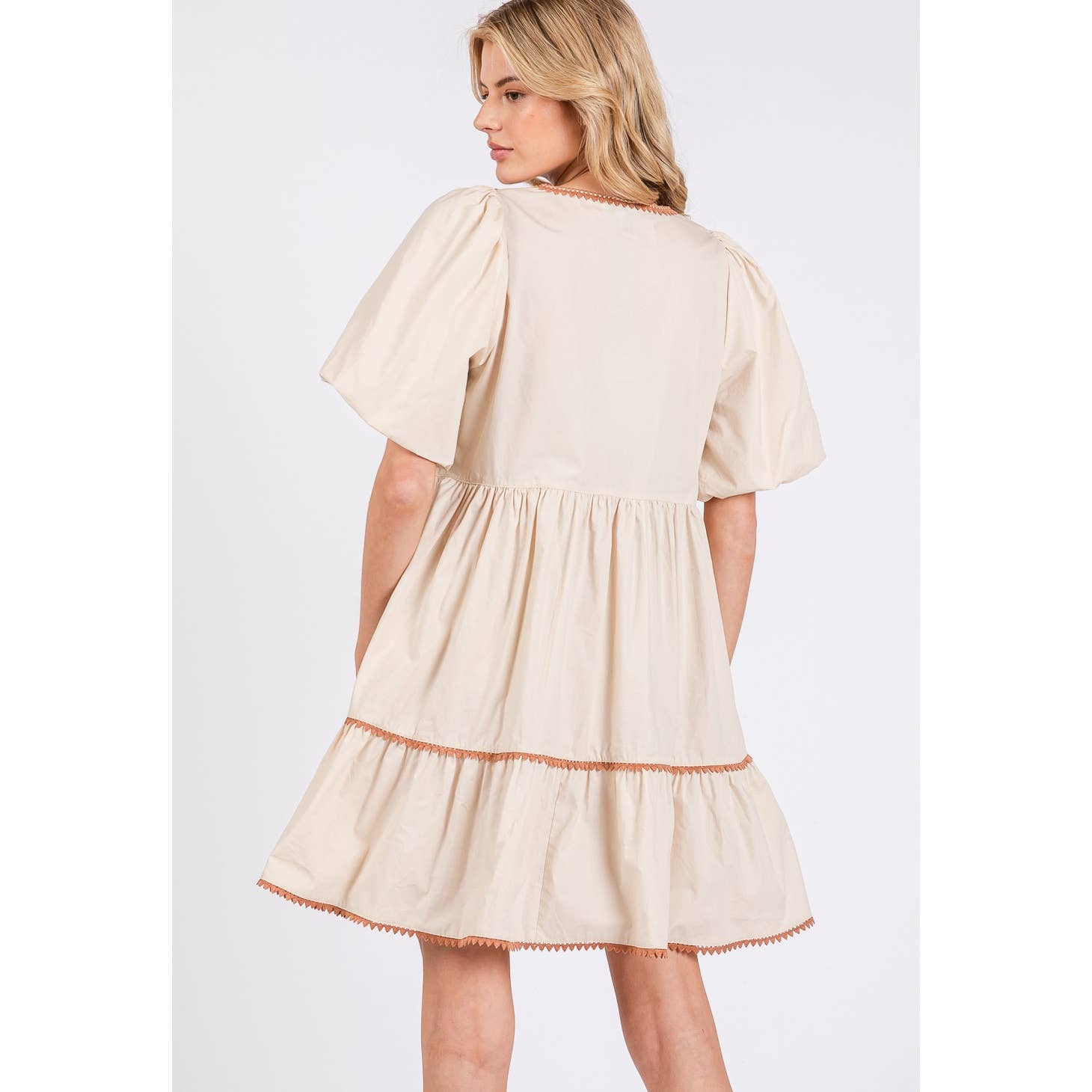 Beige RUSTIC TIERED PRAIRIE MINI DRESS (SD7694) for wholesale on Faire2