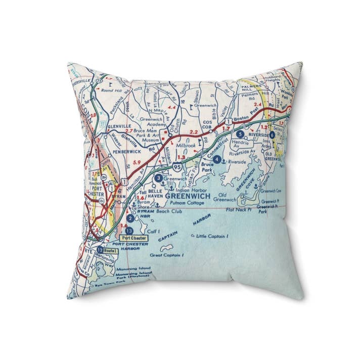 Greenwich Connecticut Map Pillow – 18" Square Throw Pillow for wholesale by Daisy Mae Designs