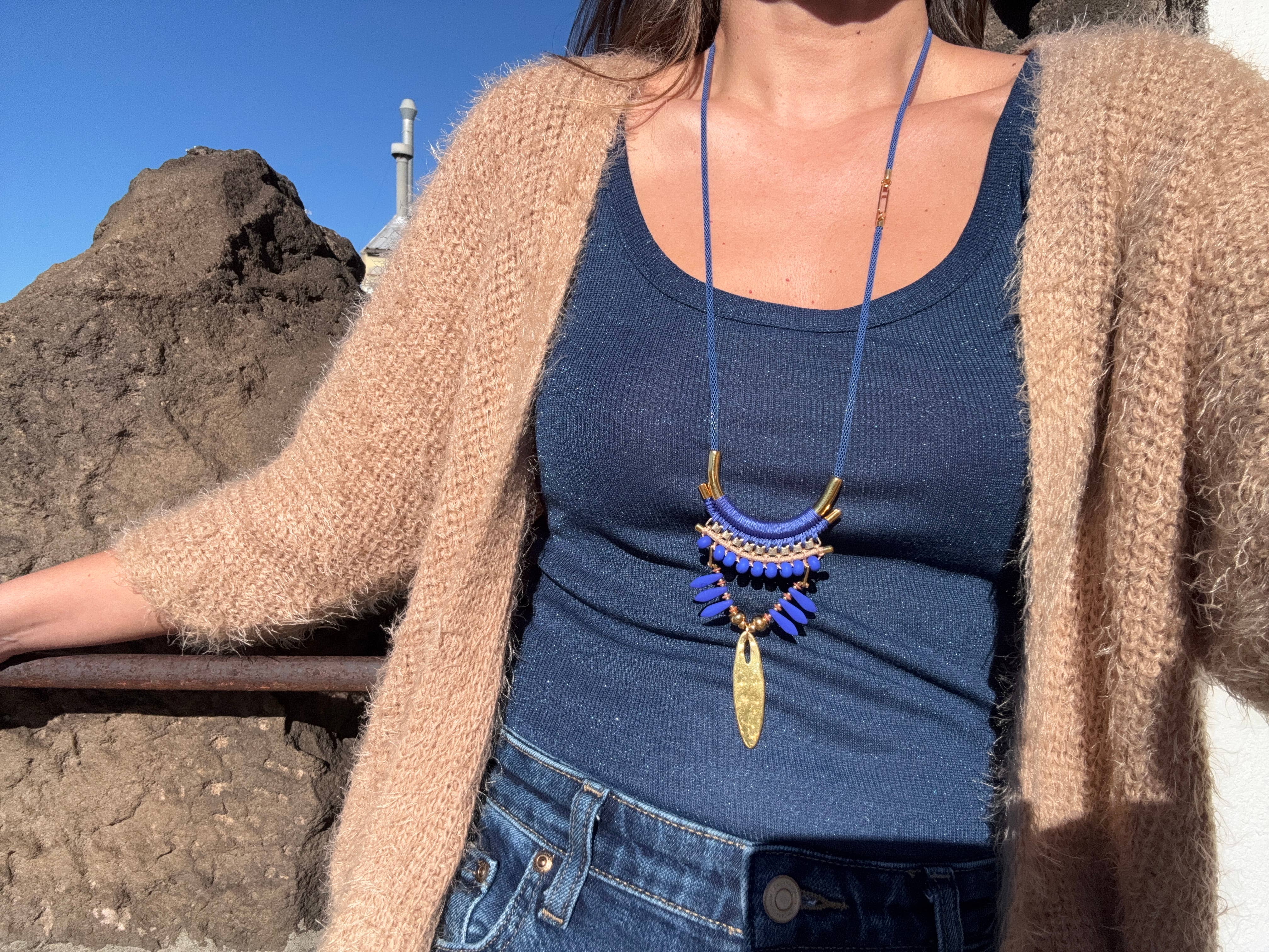 Araracuara – Colar pingente/pendente por atacado – CARAMANTA colar comprido inspirado em Frida com contas azul-real2