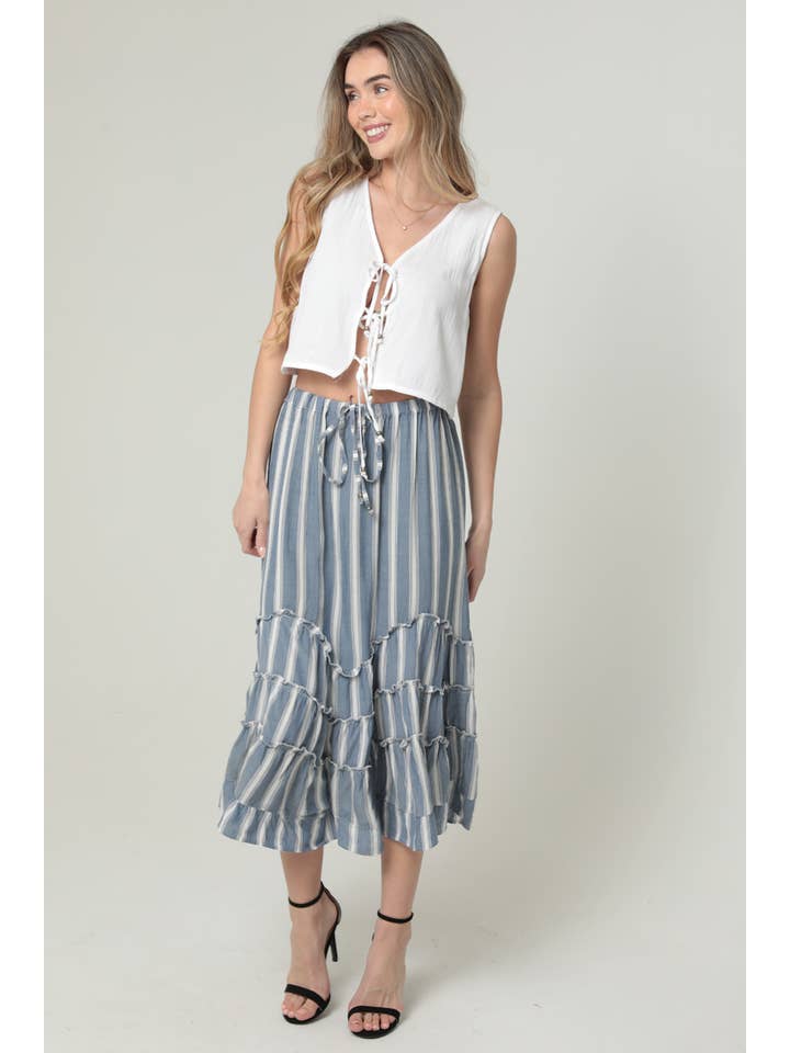 ANGIE - Wholesale Skirt - Women's - H6315-RM42 STRIPED WAVY TIERS MID LENGTH SKIRT
