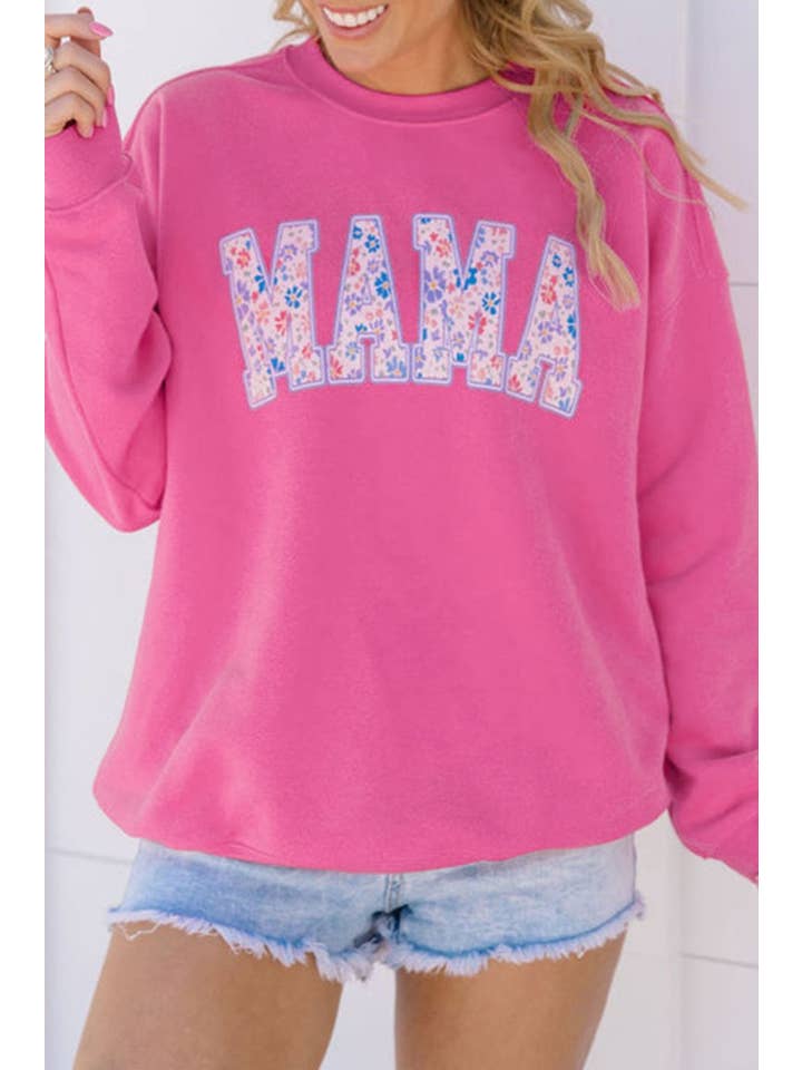 Rose Red Floral MAMA Embroidered Pullover Sweatshirt for wholesale on Faire