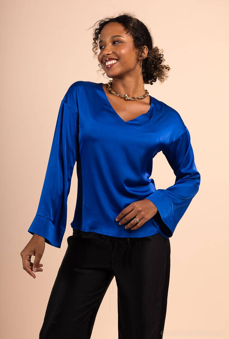 You Udress – Großhandel Tunika – Damen – Solide Satin-Tunika mit V-Ausschnitt und langen, ausgestellten Ärmeln4