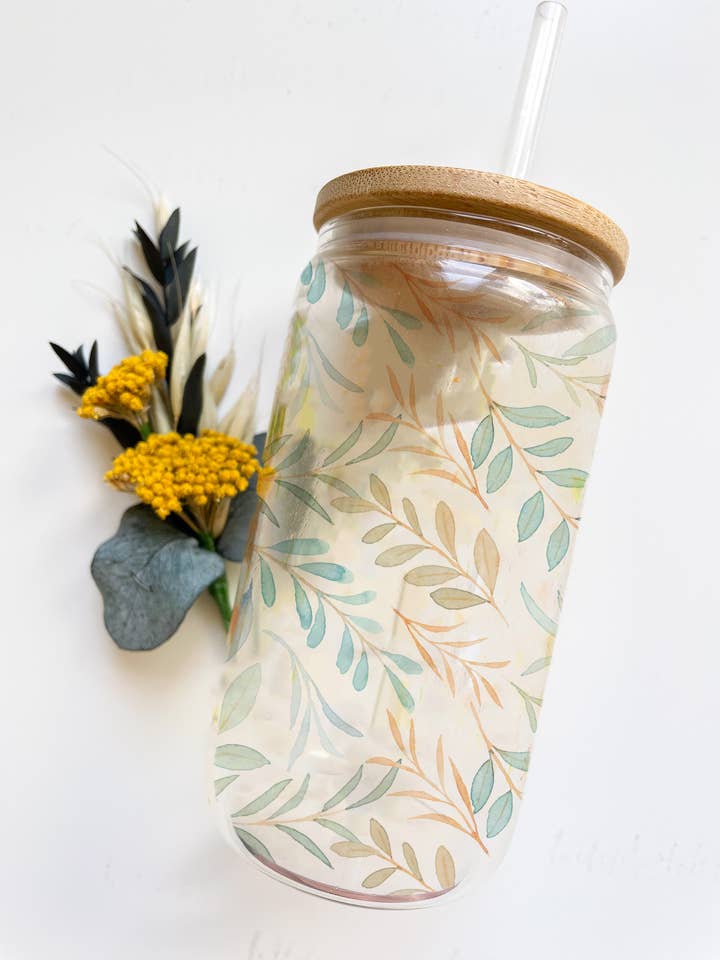 Green Leaves Glass Can with Bamboo Lid & Straw for wholesale by Wilderness Grace