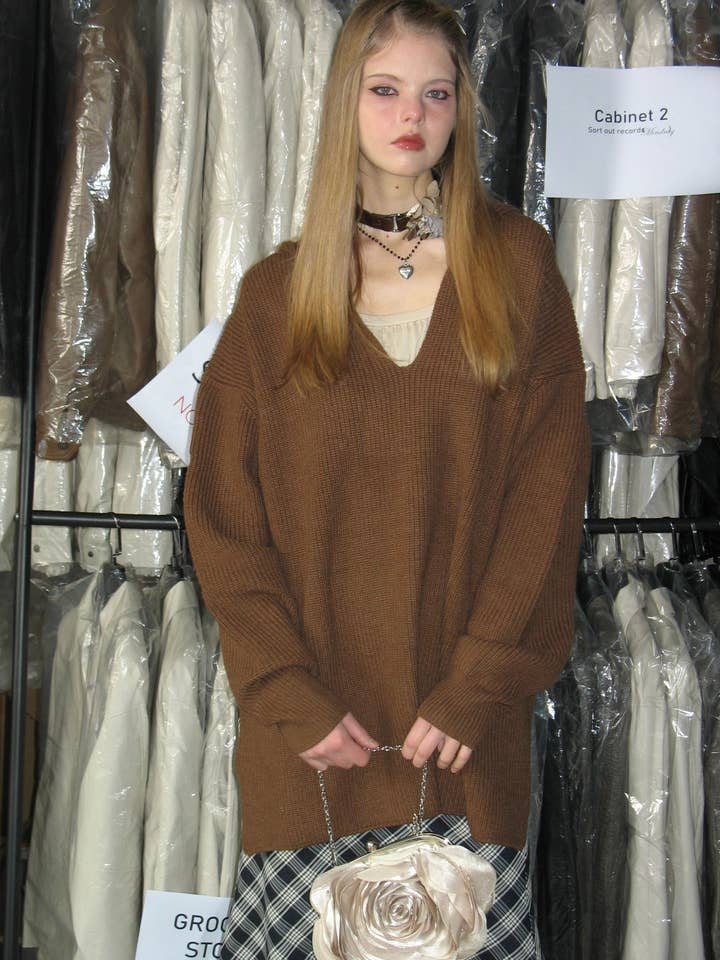 Brown Hooded V-Neck Sweater for wholesale by Prod Bldg