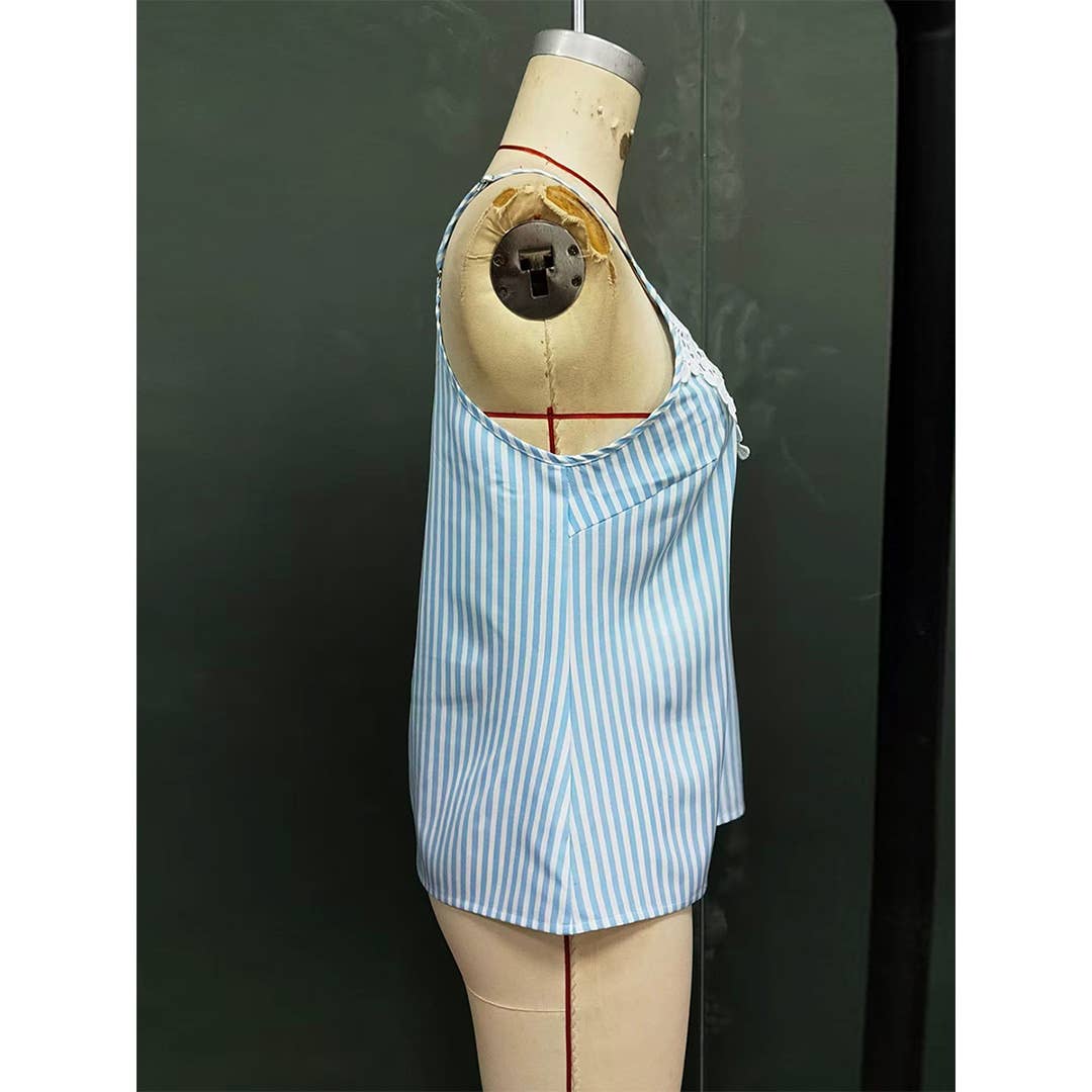 Blue Lace Trim Striped Spaghetti Strap Tank Top ZK3205 for wholesale on Faire5