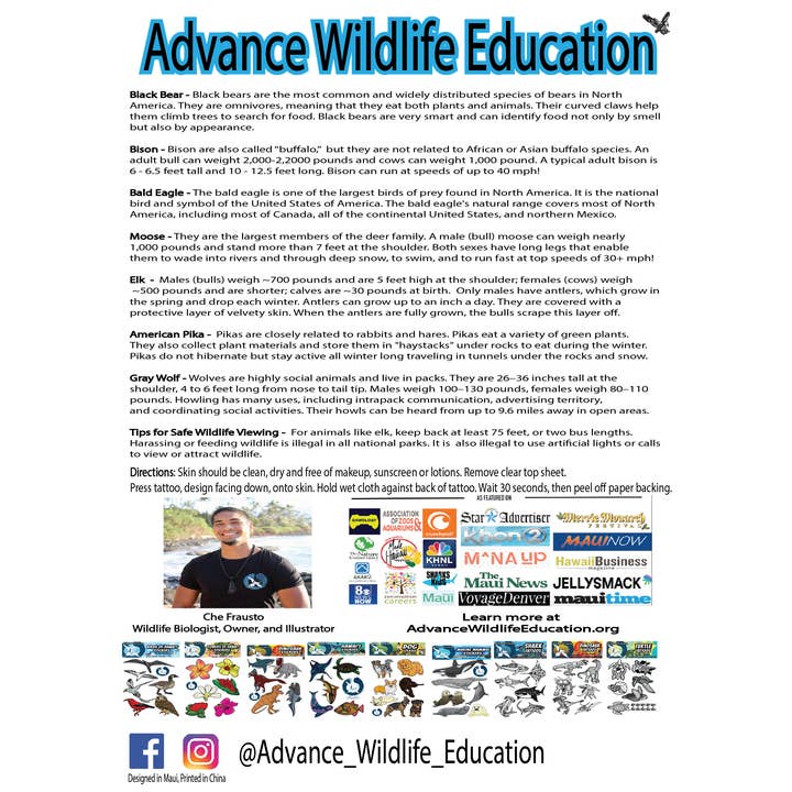Advance Wildlife Education LLC - Wholesale Temporary Tattoo - North American Wildlife Temporary Tattoos (Black)