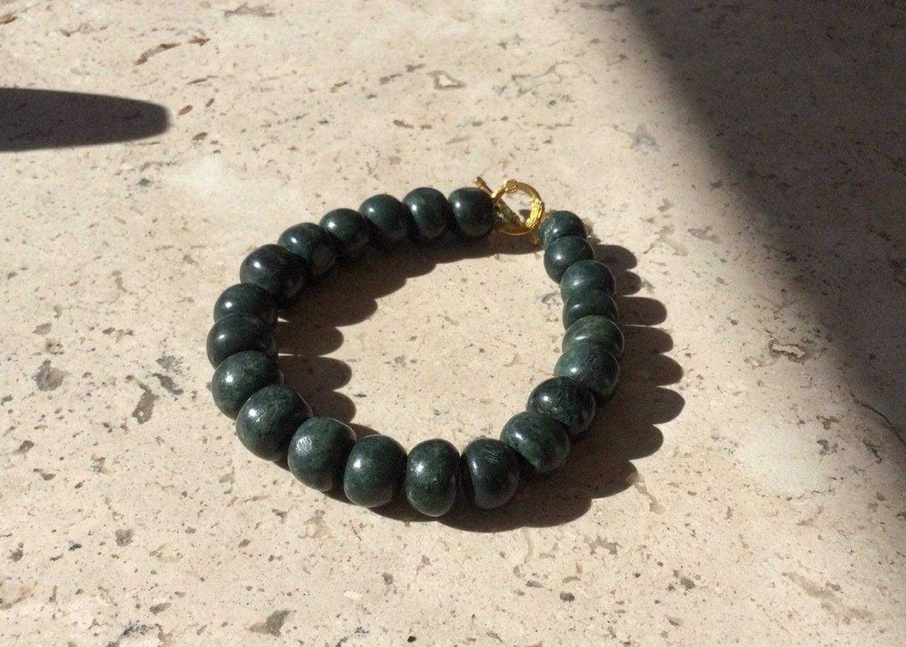 OllinMexica - Vendita all'ingrosso Bracciale con perline - Bracciale Maya come gioielli antichi in giada guatemalteca - Perline verde scuro - Serpentina guatemalteca - Stile precolombiano1