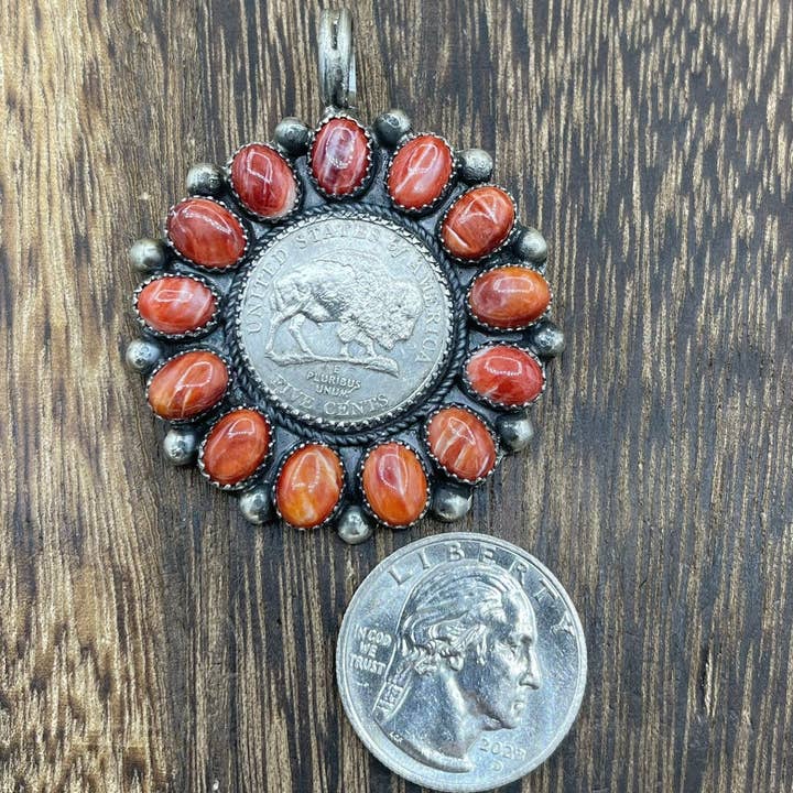 Native City Jewelry - Wholesale Individual Charm/Pendant - Navajo Handmade Sterling Silver Red Spiny Oyster Cluster Buffalo Coin Pendant