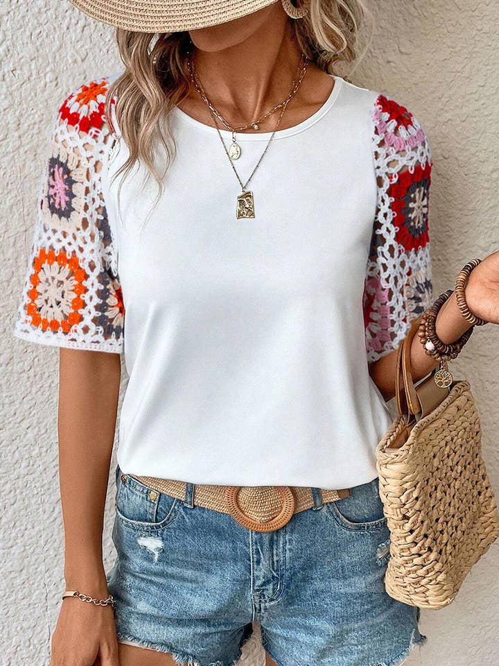 Lovesoft - Wholesale Knit Top - Women's - Casual Round Neck Half Sleeve Top Floral Crochet T Shirt