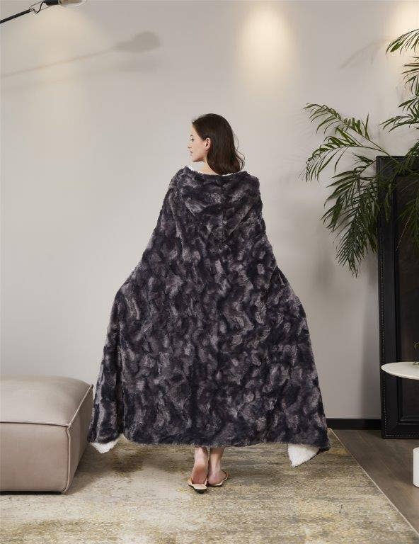 Duke Imports - Wholesale Throw Blanket - "Brushed Slate" Faux Fur Plush Hooded Throw Blanket1