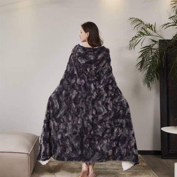 Duke Imports - Wholesale Throw Blanket - "Brushed Slate" Faux Fur Plush Hooded Throw Blanket1