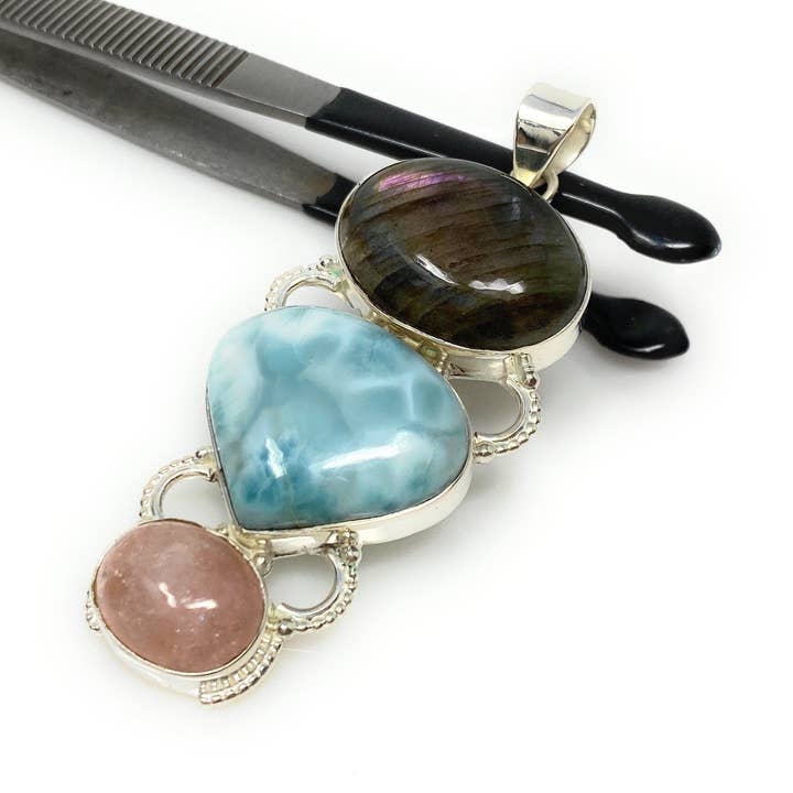 Akstar Gems - Wholesale Individual Charm/Pendant - Larimar Gemstone Pendant with Purple Flash Labradorite and Morganite , Wire Wrapped Pendant, Silver Jewelry Gifts for Her, Bohemian Jewelry