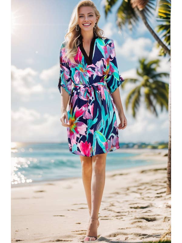 NAVY ED6111-11 MANDARIN COLLAR MULTI COLOR FLORAL DRESS for wholesale on Faire