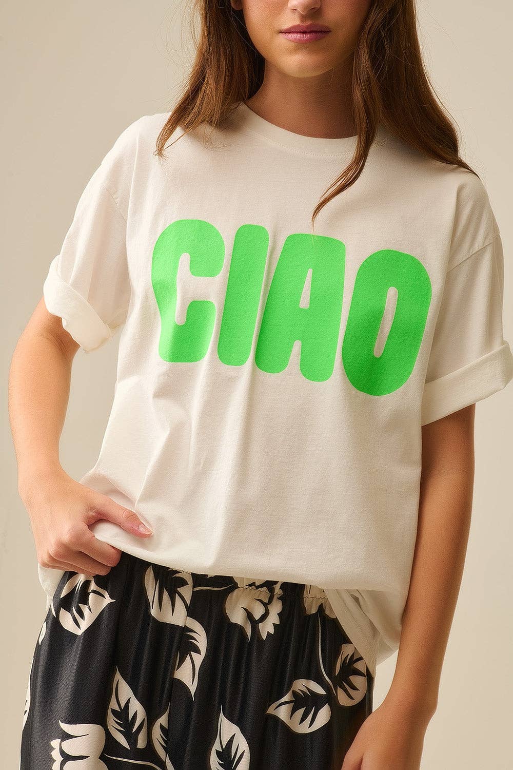 White Relaxed CIAO T-Shirt With Green Letters for wholesale on Faire3