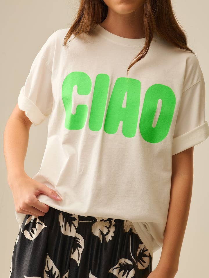 White Relaxed CIAO T-Shirt With Green Letters for wholesale on Faire3
