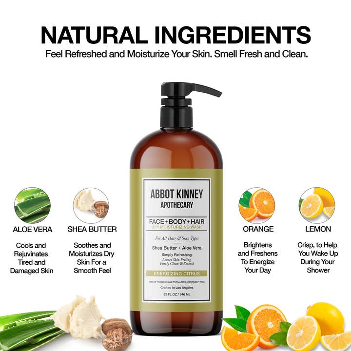 Abbot Kinney Apothecary - Wholesale 2-in-1 Shampoo & Body Wash - Men's - Men's 3 in1 Shampoo, Conditioner and Body Wash and Soap