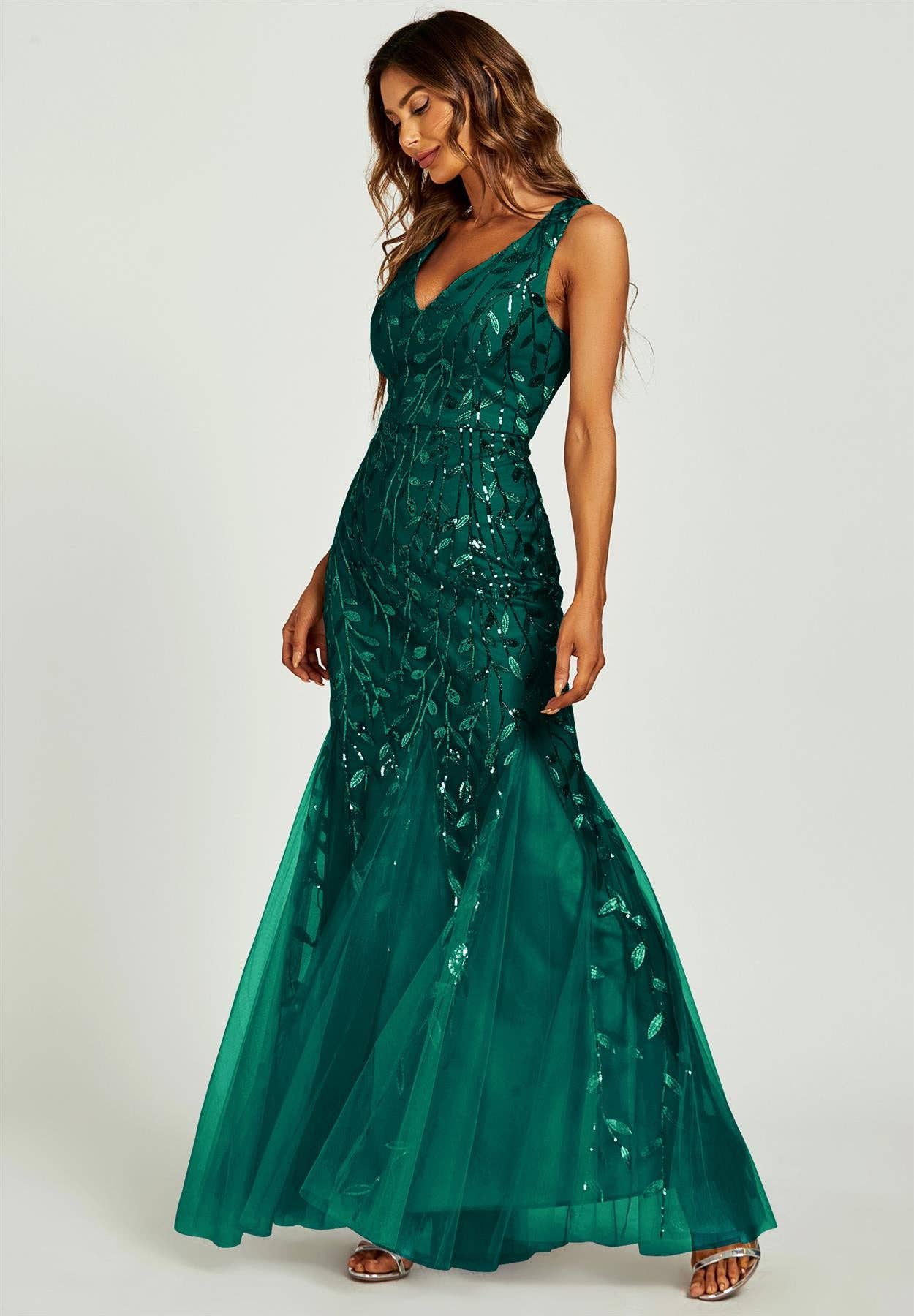 Sequin Leaf Detailed V Neck Bridesmaid Maxi Dress In Green for wholesale on Faire3