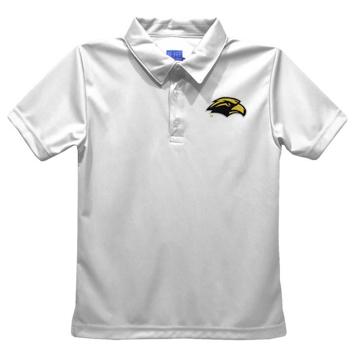 Southern Miss Golden Eagles Embroidered White Polo Shirt for wholesale by Vive La Fete