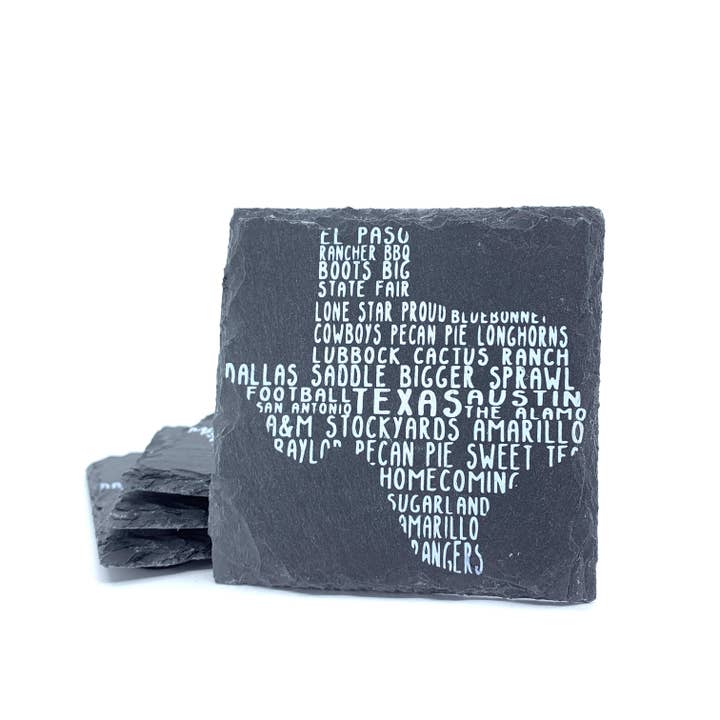 Texas Word Art Black Slate Coaster Set for wholesale by Wimberley Puzzle Company