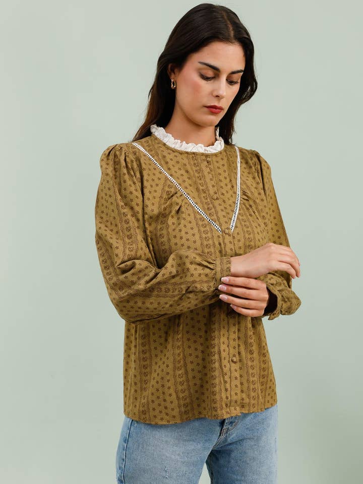 MOOYA - Wholesale Button Down Shirt - Women's - Printed cotton shirt with lace high collar XK0054