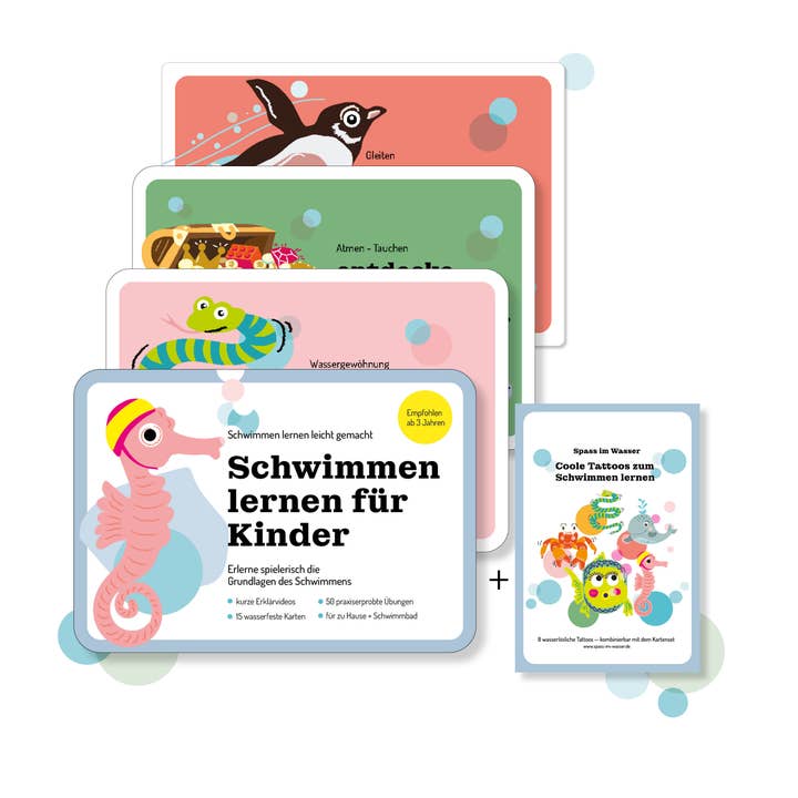 Kartenset mit 15 Schwimmkarten + 8 bunte Tattoos für den Großhandel von spass-im-wasser