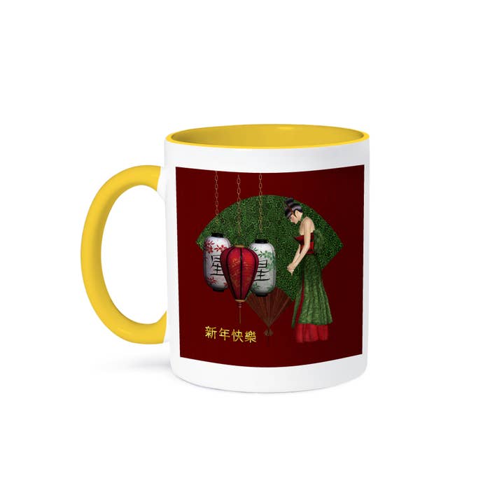 3dRose - Vente Tasse à café - 3dRose, Lanternes Élégantes avec Éventail, Dame Asiatique, Bonne Année Chinoise, Tasse
