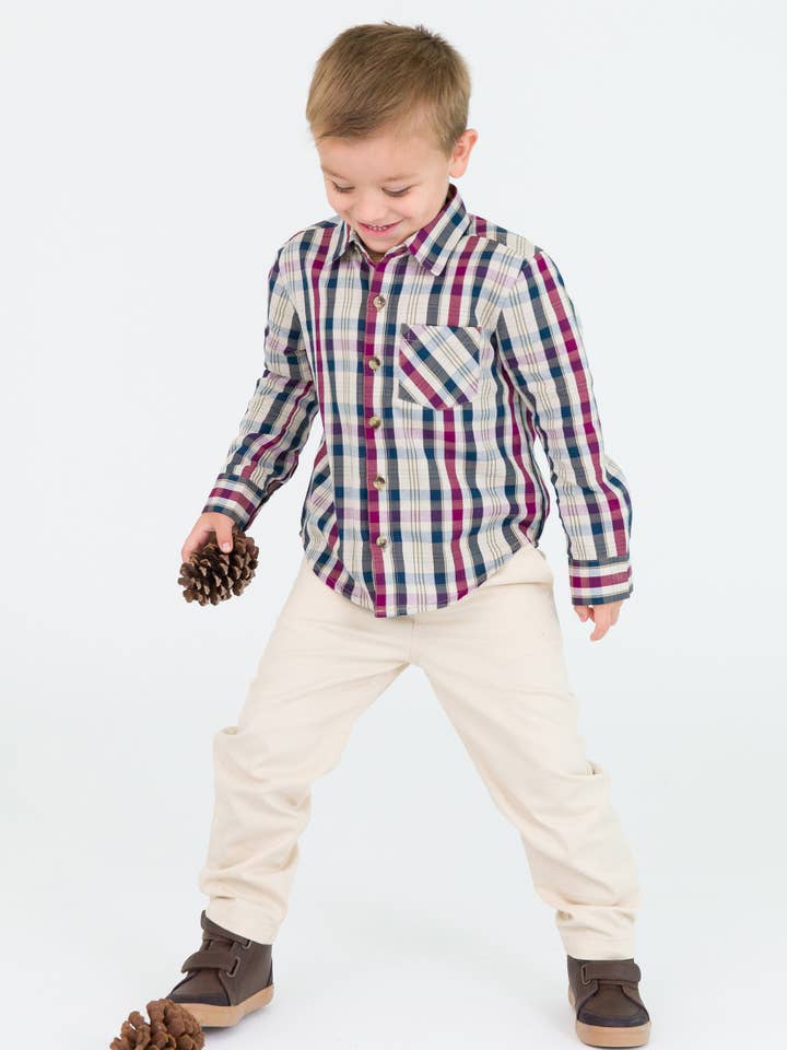 Navy Boys Rowan Plaid Long Sleeve Button Down Shirt for wholesale on Faire