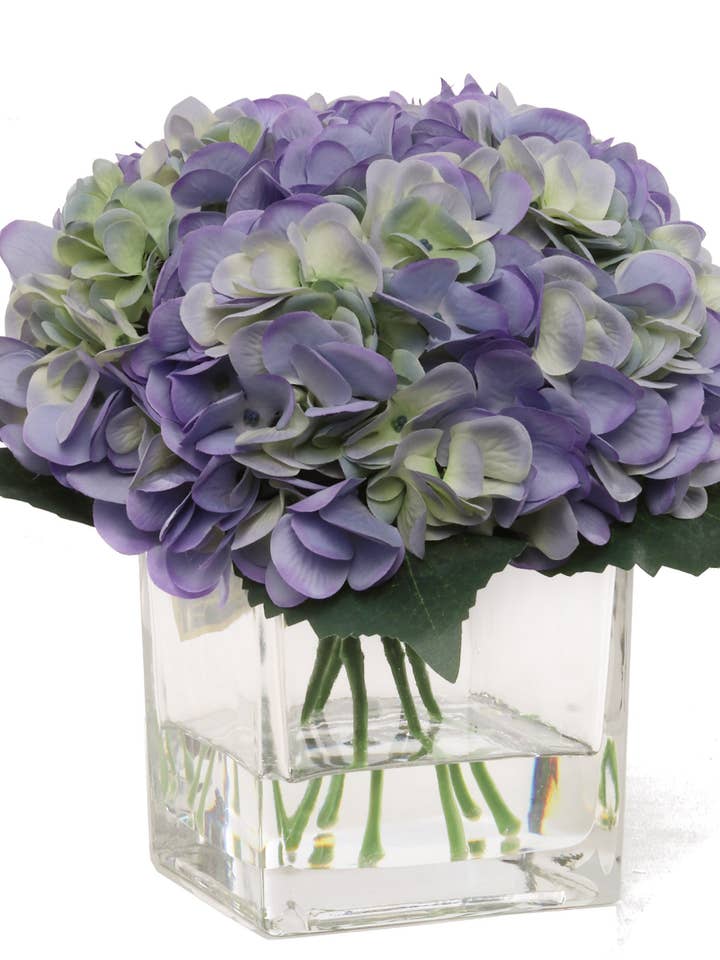 Perry Winkle Hydrangea Flowers In Glass Vase With Water Look for wholesale by Larksilk