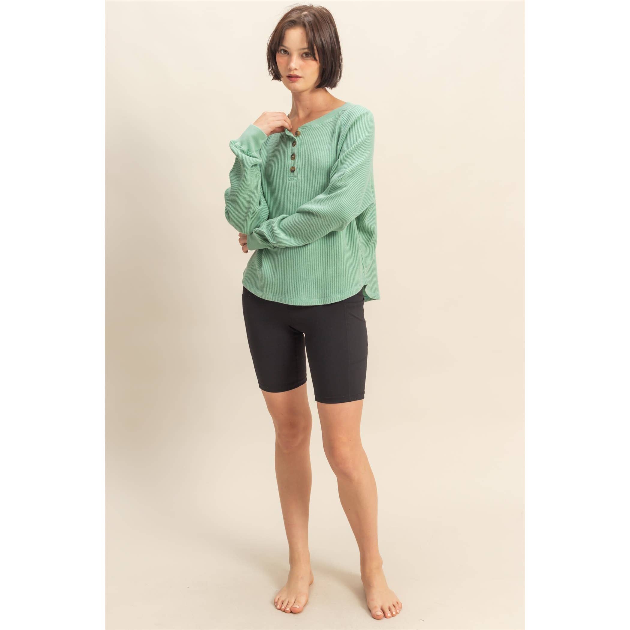 Double Zero - Wholesale Sweatshirt - Women's - Mineral Washed Henley Waffle Raglan Sleeve Top15