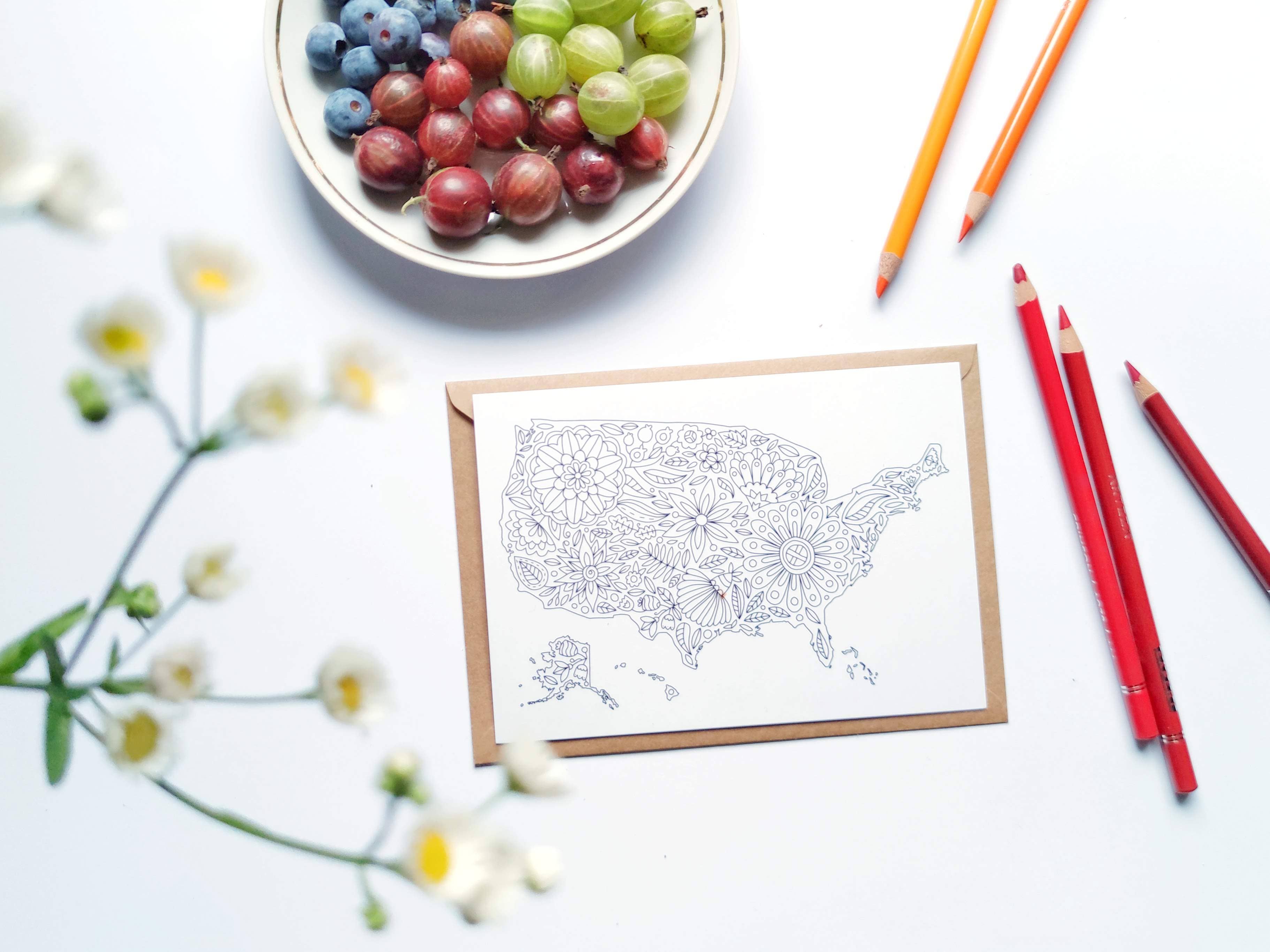 Anna Grunduls Design - Vente Cartes postales - Fleurs USA Coloriage Carte Postale1