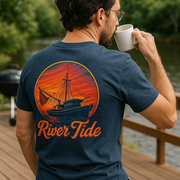 Maglietta Sunrise Shrimp Boat per la vendita all'ingrosso da parte di River Tide Apparel
