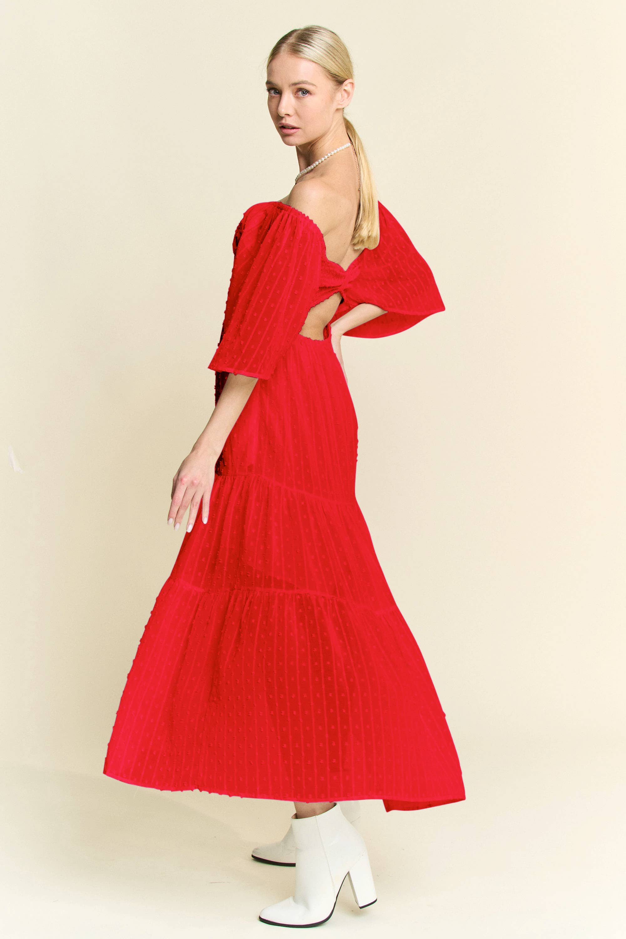 Davi & Dani – wholesale Dress – Women's – SWISS DOTTED RUCHED RUFFLE OPEN BACK MIDI DRESS11