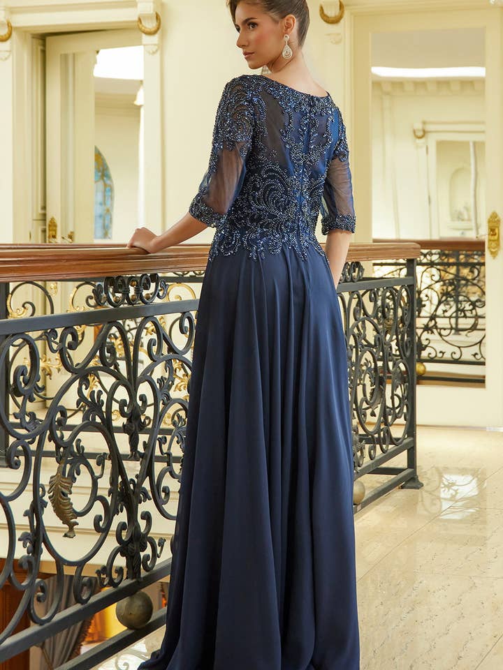 SMC Fashion - Wholesale Gown - Women's - Bead sequin embellished 1 2 sleeve mesh bodice with chiffon skirt GLGL35999
