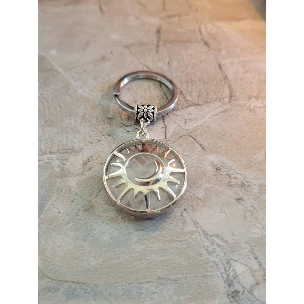 My Magic Place Shop - Wholesale Keychain - Women's - Natural Quartz Crystal Keychain,  Flat Round with Sun & Moon1